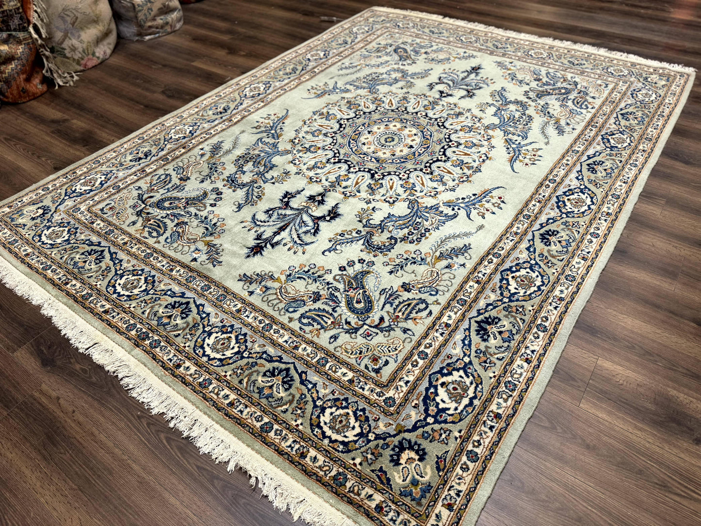 Light Green and Blue Persian Kashan Rug 7x10, Authentic Persian Carpet, Handmade, Wool - Nuvé