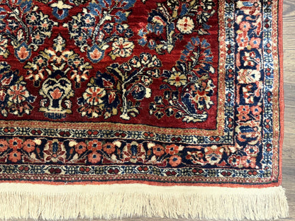 Antique Persian Sarouk Rug 3x5, Red, Floral, 200 KPSI