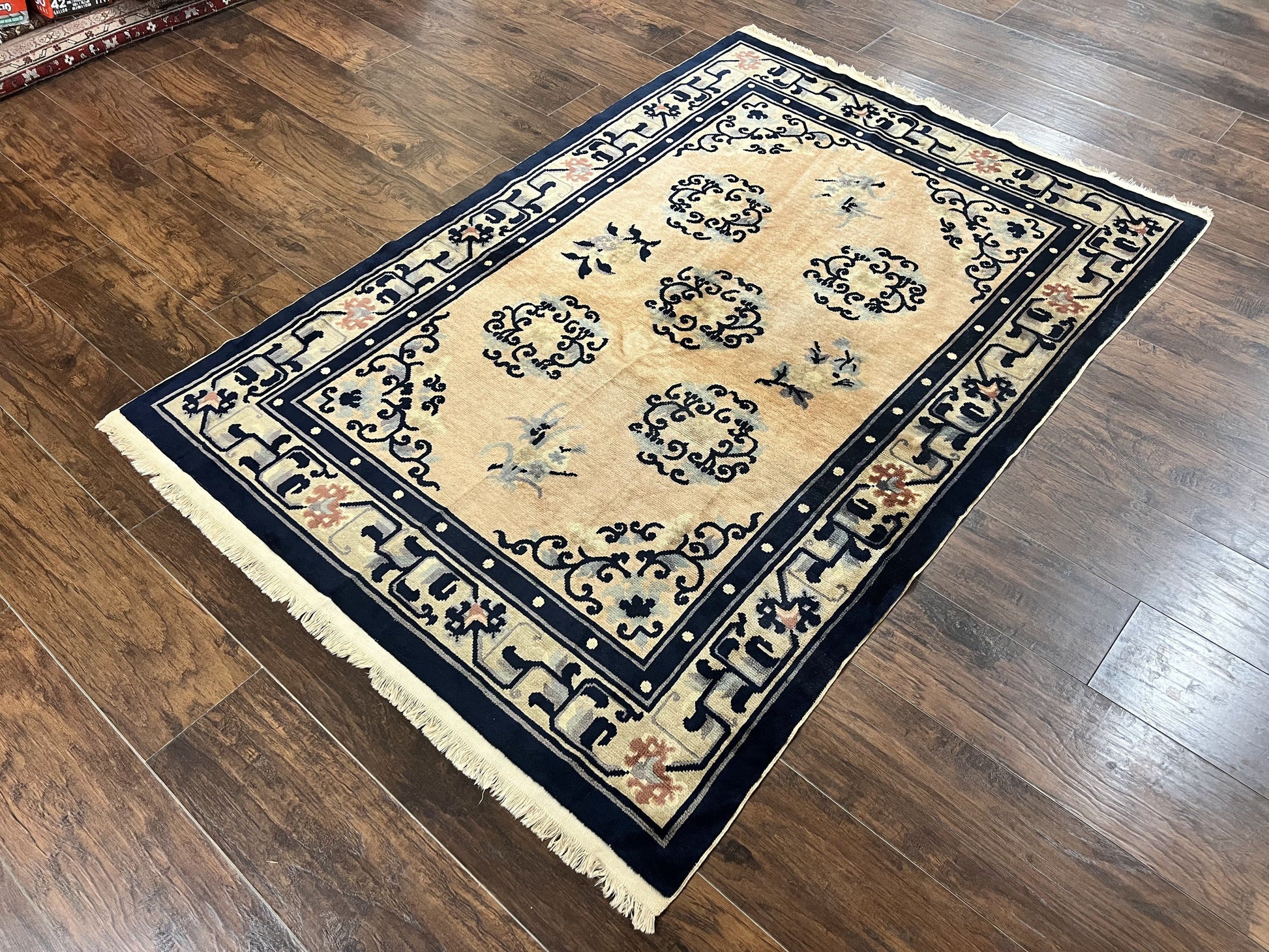 Chinese Peking Rug 4x6, Wool Hand Knotted Handmade Vintage Semi Antique Carpet, Semi Open Field, Light Peach & Navy Blue, Art Deco Rug - Nuvé