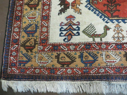 7' X 10' Vintage Handmade Knotted Turkish Wool Rug Birds Animal Ivory Organic