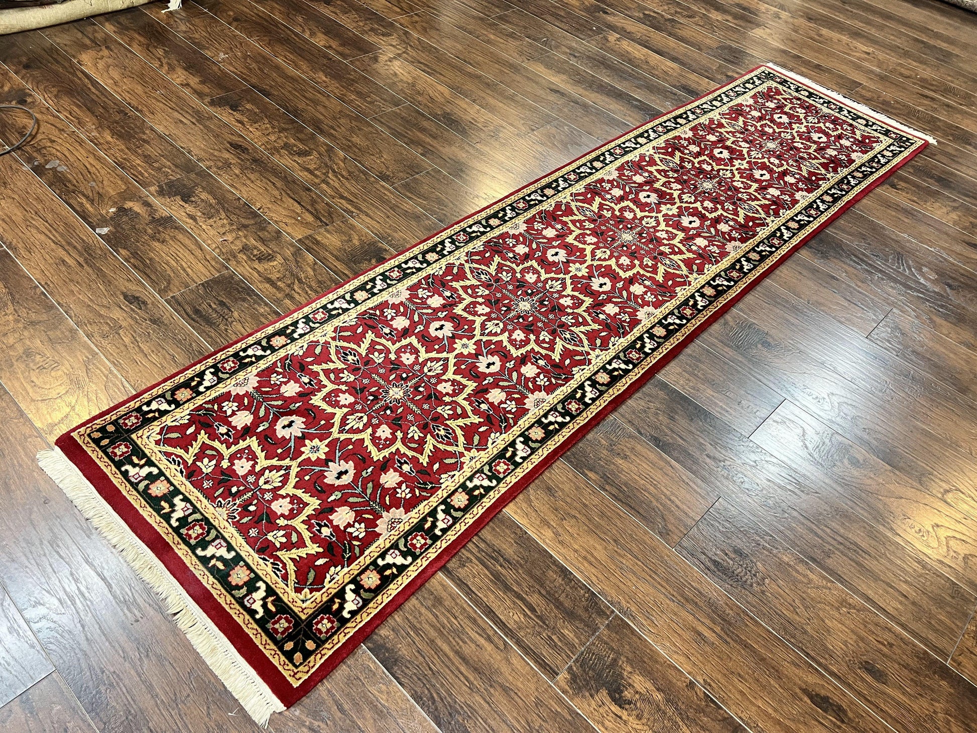 Indo Sarouk Runner Rug 2.6 x 10 ft, Floral Hand Knotted Wool Handmade Vintage Indian Hallway Rug, Red Tan Black, 10ft Persian Runner - Nuvé