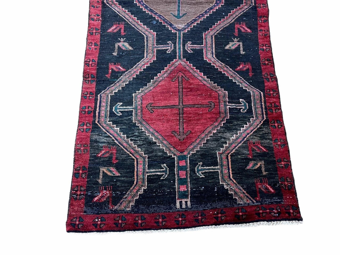 3 X 7 Handmade Wool Tribal Runner Rug Geometric Red Blue Boho Organic Dyes - Nuvé