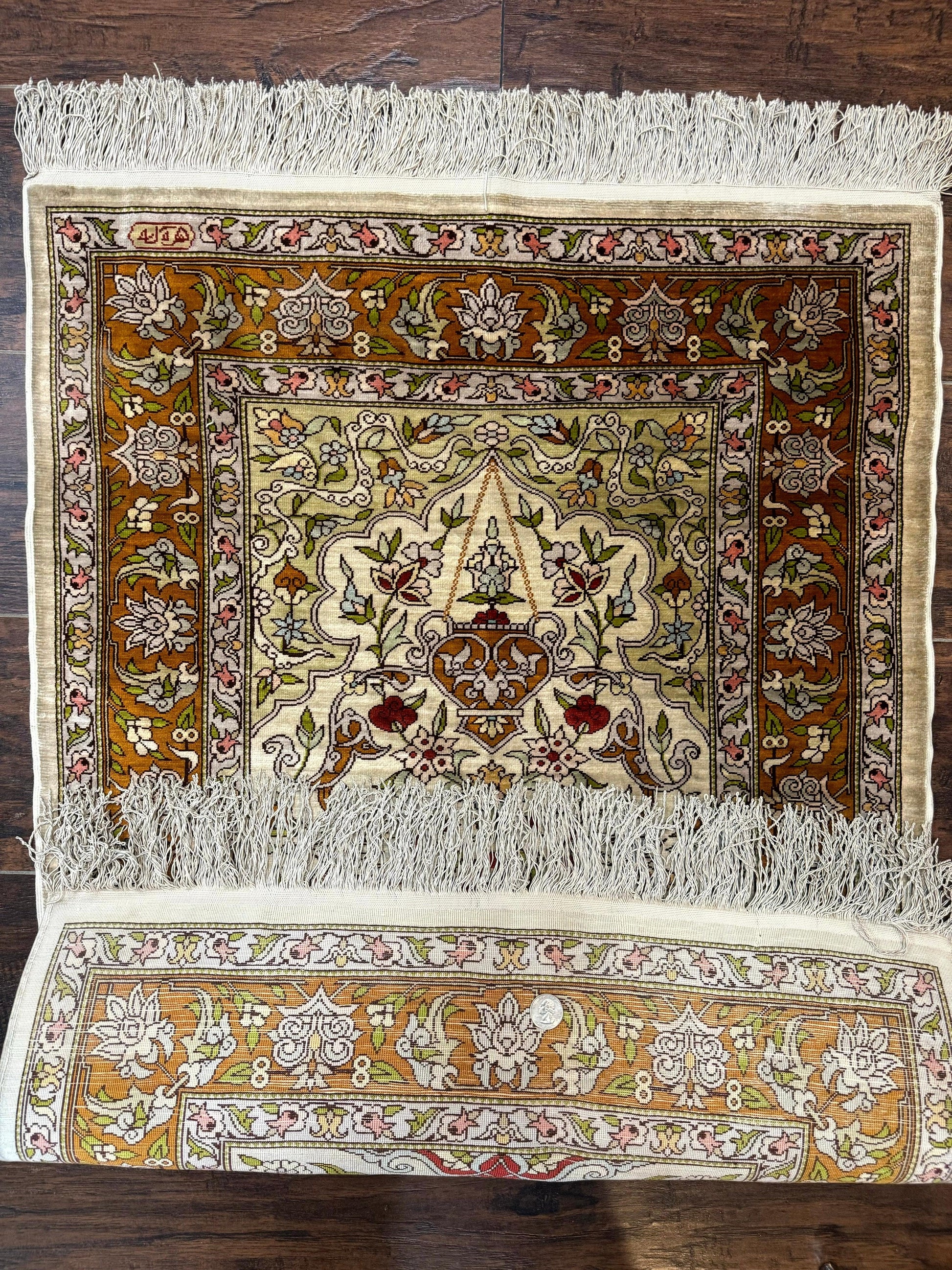 Silk Turkish Hereke Rug 2x3, Birds Lantern Very Fine 400 KPSI, Signed by Masterweaver, Wonderful, Rare, Small Hereke Rug - Nuvé