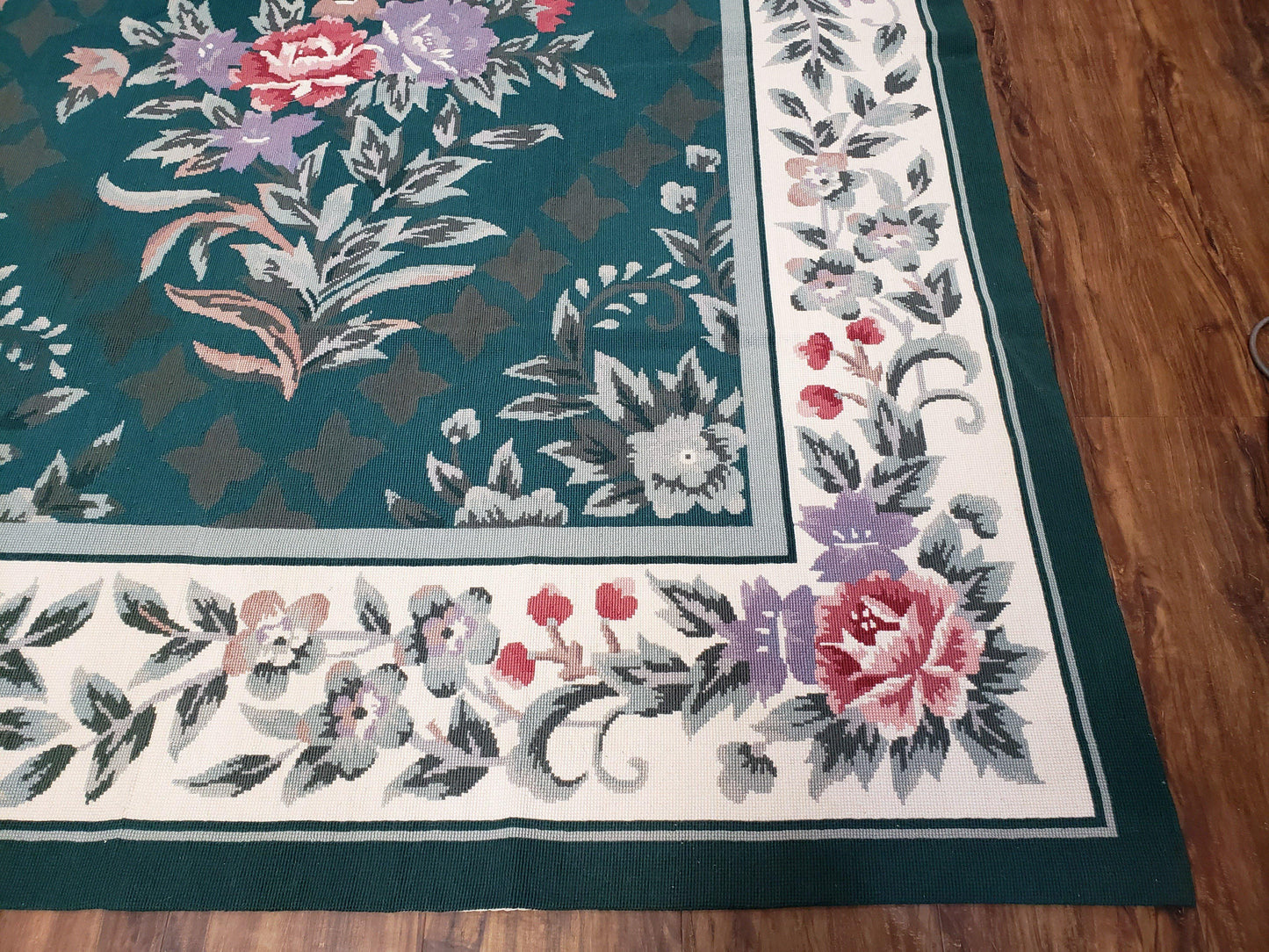 Chinese Needlepoint Rug 8x10, Vintage Green Area Rug, Hand-Woven Flatweave Floral European Design Carpet Wool Handmade 8x 10 Living Room Rug - Nuvé