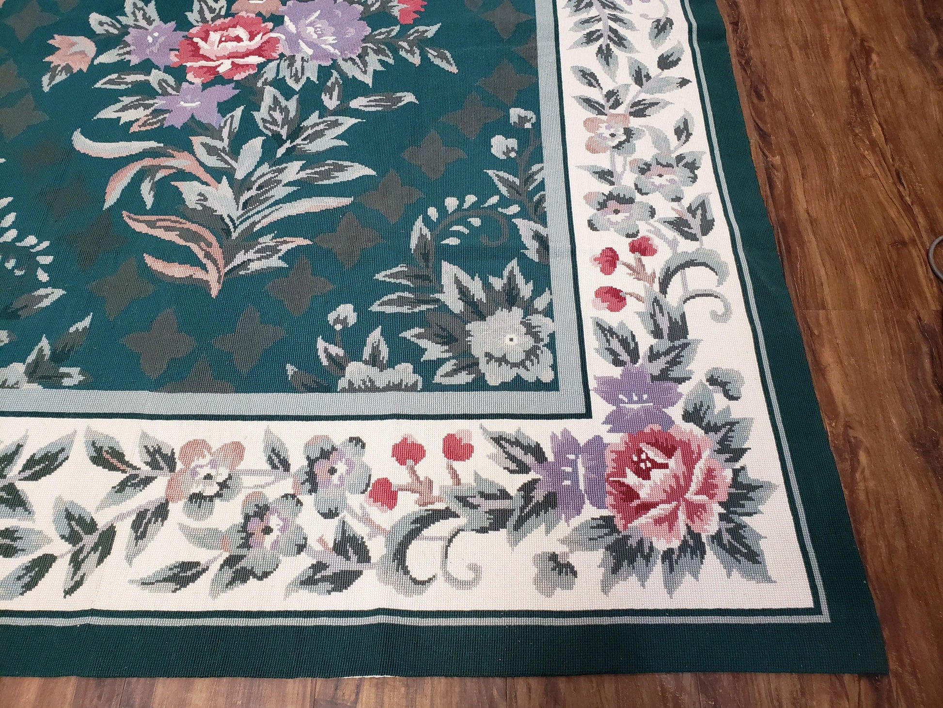 Chinese Needlepoint Rug 8x10, Vintage Green Area Rug, Hand-Woven Flatweave Floral European Design Carpet Wool Handmade 8x 10 Living Room Rug - Nuvé