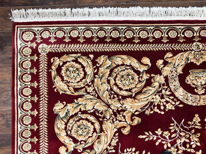 Aubusson Rug 9x12, Wool Handmade Carpet, Elegant French European Design, Dark Maroon Red, 9 x 12 Room Sized Rug, Finely Hand Knotted - Nuvé