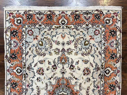 Persian Tabriz Rug 4.5  x 6.8, Finely Hand Knotted Wool with Silk Highlights Vintage Oriental Carpet, Cream and Salmon, High KPSI, Floral Medallion - Nuvé