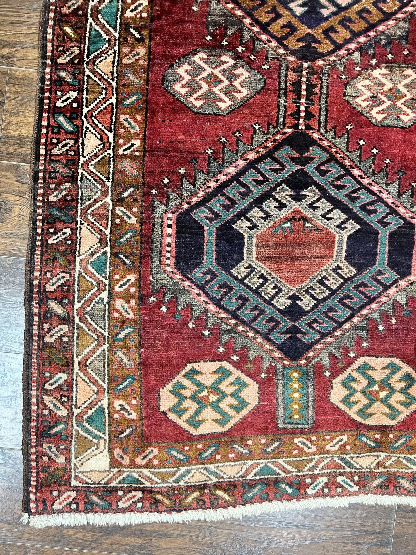 Persian Heriz Runner Rug 3.8 x 8.6, Geometric Design, Large Triple Medallions, Hand Knotted Handmade Vintage Wool Hallway Rug, Red