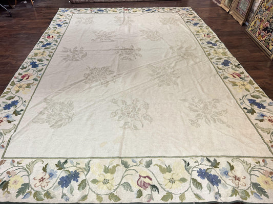 Spanish Needlepoint Rug 9x14, Floral, European Design, Handmade, Vintage Needlepoint Carpet, Room Sized Wool Rug - Nuvé