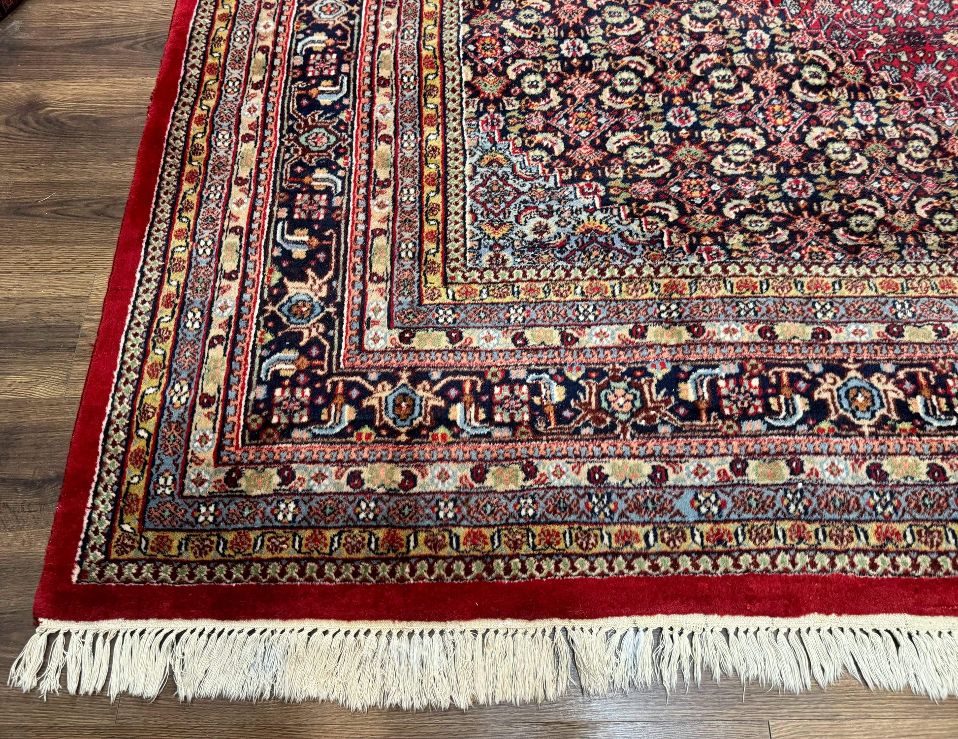 Indo Persian Bidjar Rug 10x14, Red and Dark Blue, Herati Mahi Pattern, Vintage - Nuvé
