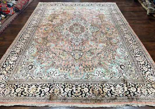 Indian Kashmiri Silk Rug 9x12, Vintage Rug 9 x 12 ft, Salmon Ivory Black Hand-Knotted Silk on Cotton Oriental Floral Carpet, Traditional Rug - Nuvé