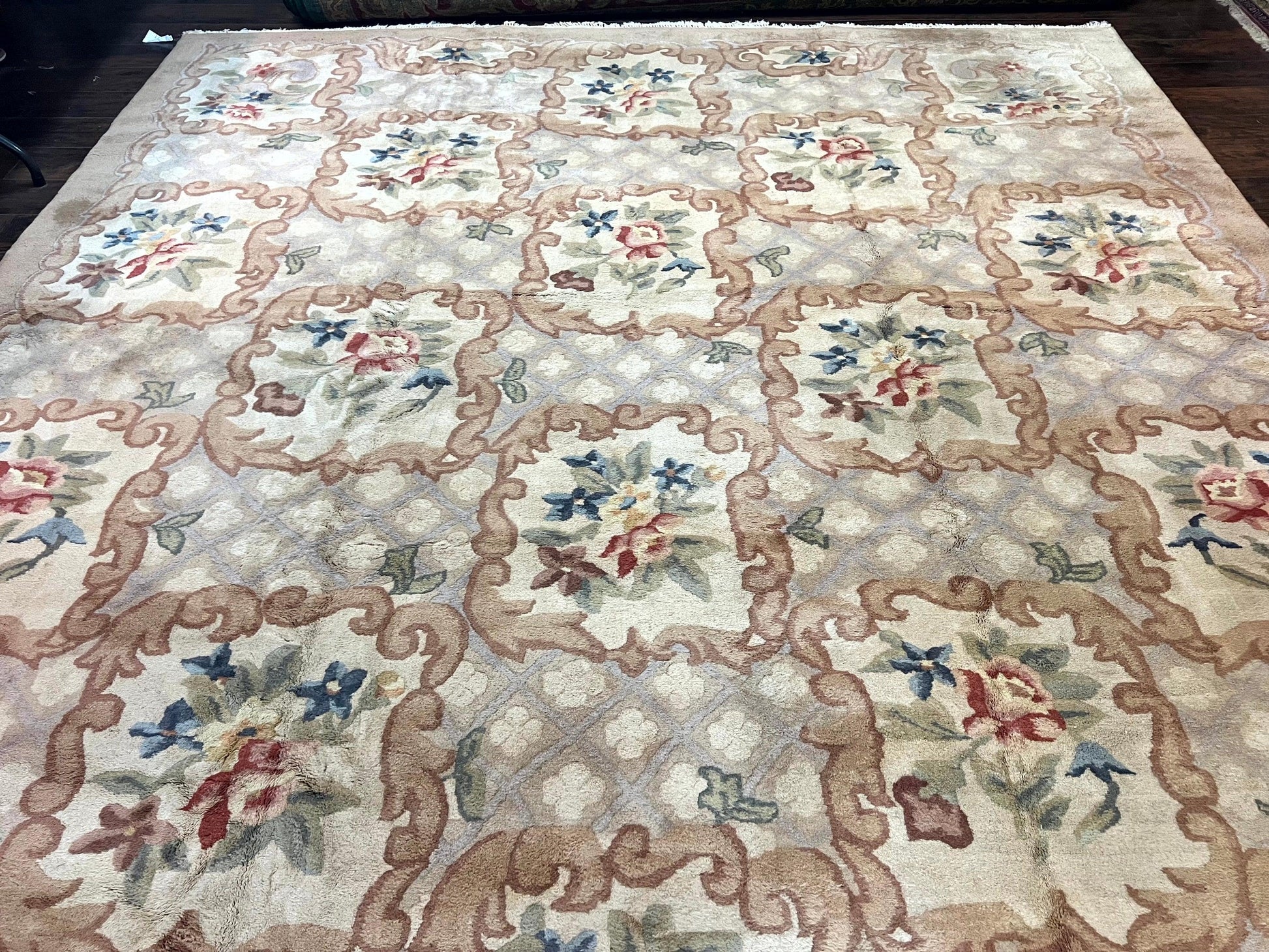 Indo Chinese Aubusson Wool Rug 11x16, Palace Sized Carpet, Oversized Handmade Vintage Rug, European Design - Nuvé