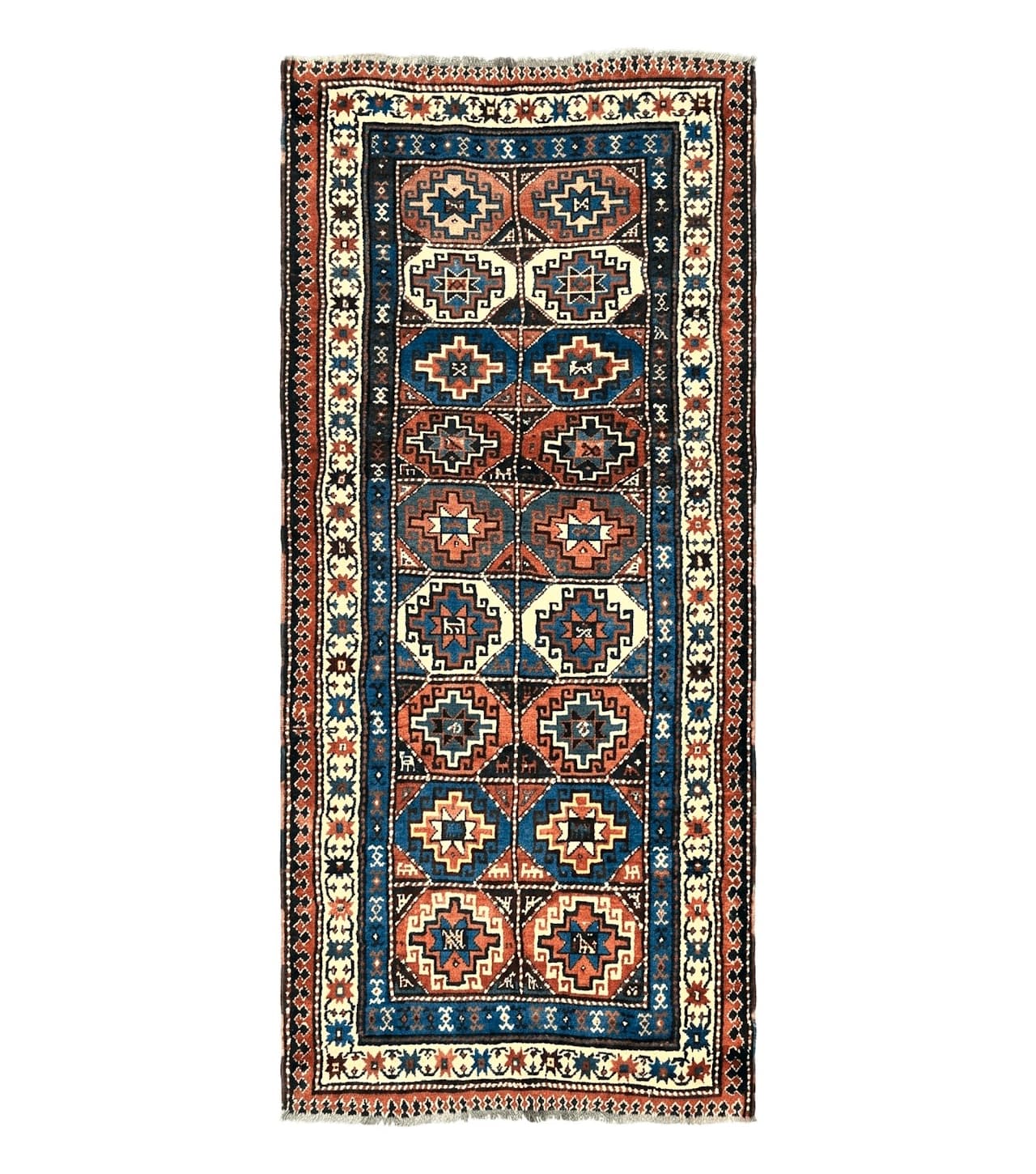 Antique Caucasian Kazak Runner Rug 4 x 9.5, Handmade Wool Rug for Hallway, Rare Colorful Panel Design Mid 19th Century 1870s Oriental Carpet