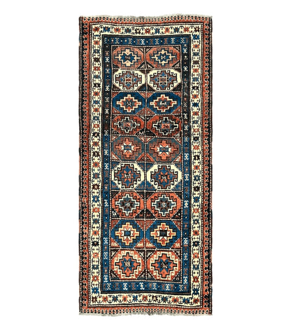 Antique Caucasian Kazak Runner Rug 4 x 9.5, Handmade Wool Rug for Hallway, Rare Colorful Panel Design Mid 19th Century 1870s Oriental Carpet