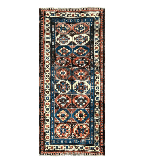 Antique Caucasian Kazak Runner Rug 4 x 9.5, Handmade Wool Rug for Hallway, Rare Colorful Panel Design Mid 19th Century 1870s Oriental Carpet