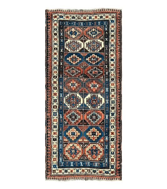 Antique Caucasian Kazak Runner Rug 4 x 9.5, Handmade Wool Rug for Hallway, Rare Colorful Panel Design Mid 19th Century 1870s Oriental Carpet