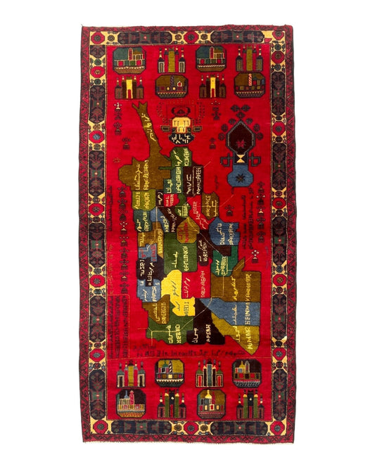 Red Afghan Balouch Rug 3x7, Tribal, Map of Afghanistan Depiction, Handmade, New