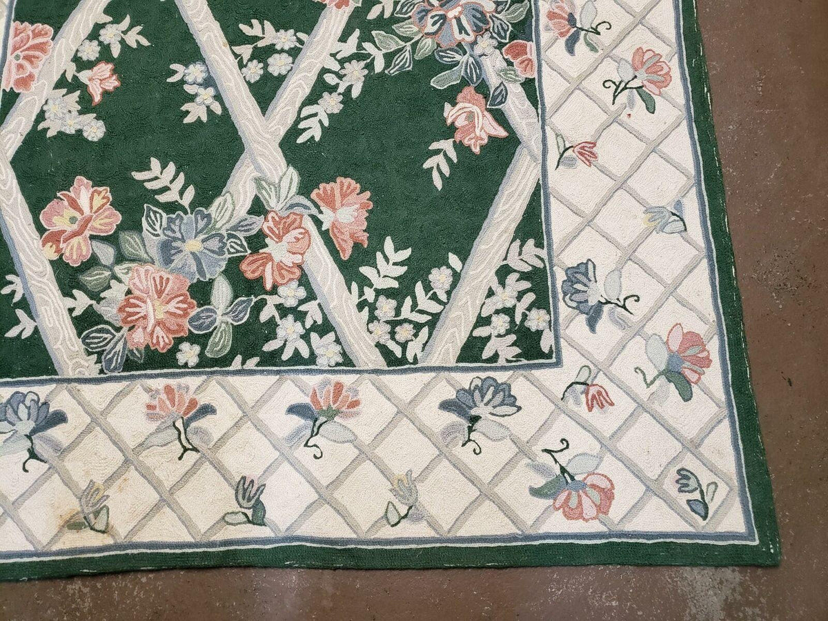 3' 6" X 5' 6" Hand Stitched Indian Wool Rug with Backing Green Beige