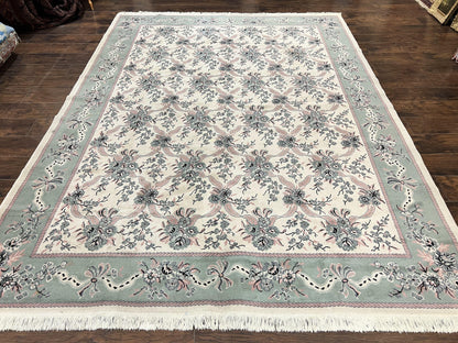 Belgium Power Loomed Rug 8x11, Ivory and Green, Wool Carpet, Floral - Nuvé