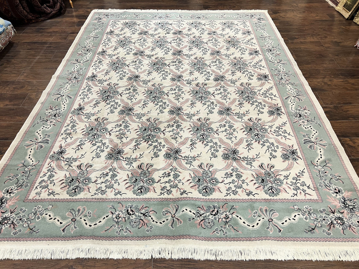 Belgium Power Loomed Rug 8x11, Ivory and Green, Wool Carpet, Floral