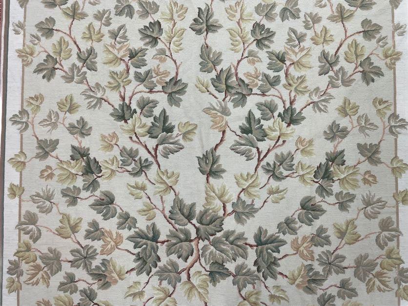 Traditional Aubusson Needlepoint Rug 9 x 12, Flowers, Flatweave Carpet, Hand-Knotted, Brand New, Cream Color, Green, Maroon Red, Wool - Nuvé