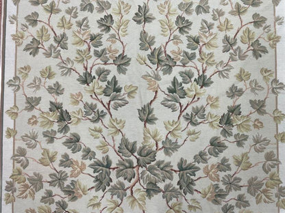 Aubusson Needlepoint Rug 9x12, Flatweave Carpet, Leaves, Wool, New, Handmade