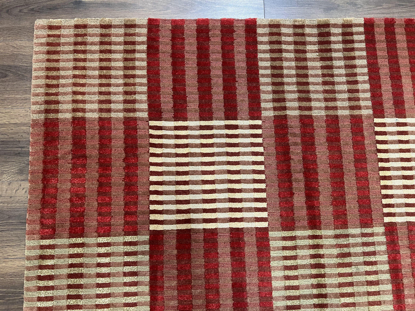 Modern Tibetan Rug 8x10, Hand Knotted Contemporary Nepali Carpet 8 x 10, Checkerboard Design, Red Cream Light Brown, Very Fine Wool & Silk - Nuvé