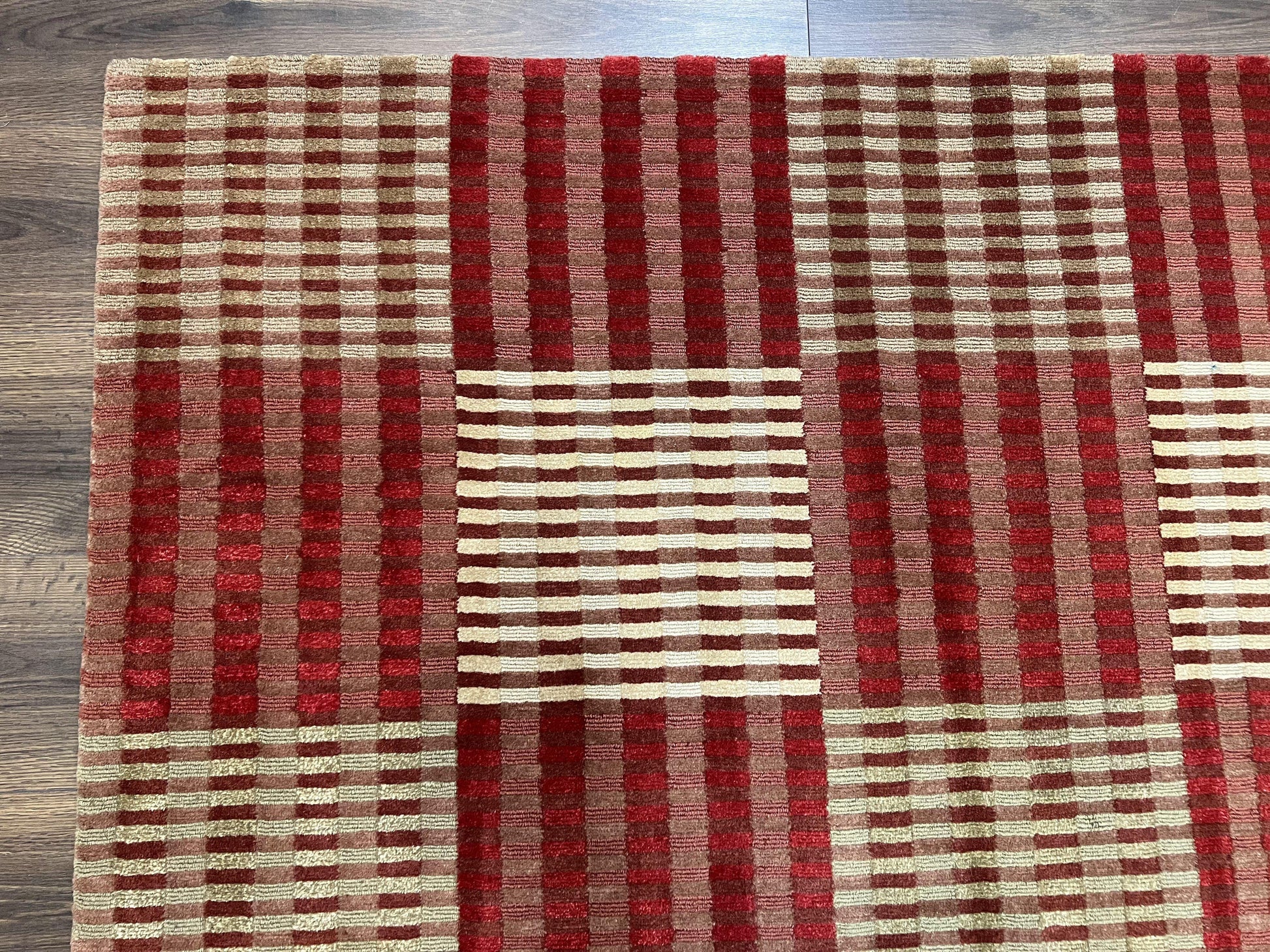 Modern Tibetan Rug 8x10, Hand Knotted Contemporary Nepali Carpet 8 x 10, Checkerboard Design, Red Cream Light Brown, Very Fine Wool & Silk - Nuvé