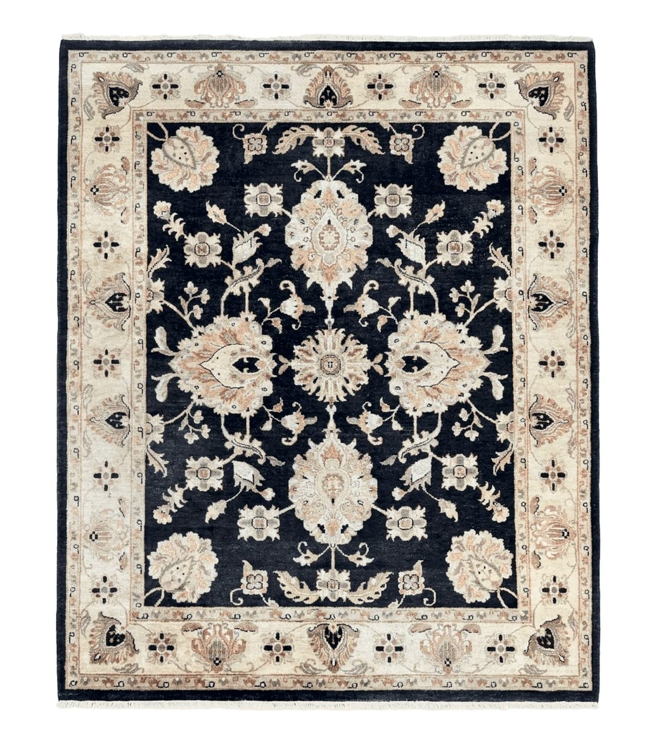 Indo Mahal Rug 8x10, Black and Beige, Vintage Rug 8 x 10 ft, Floral, Handmade Wool Carpet