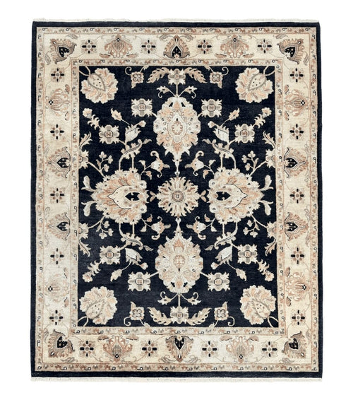 Indo Mahal Rug 8x10, Black and Beige, Vintage Rug 8 x 10 ft, Floral, Handmade Wool Carpet