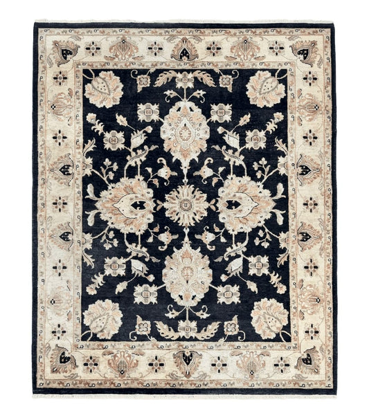 Indo Mahal Rug 8x10, Black and Beige, Vintage Rug 8 x 10 ft, Floral, Handmade Wool Carpet