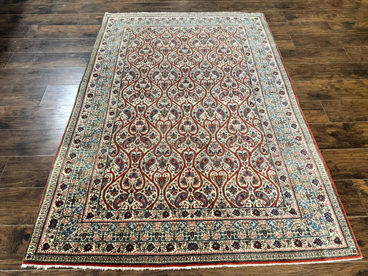 Unique Persian Qum Rug 5x7, Repeated Paisely Boteh Design, Ivory Red Blue, Handmade Antique Wool Persian Carpet, Finely Hand Knotted - Nuvé