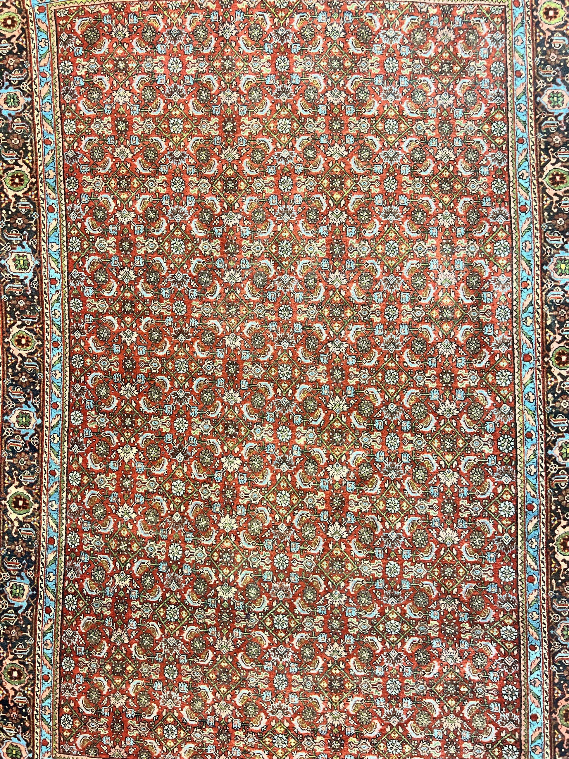 Antique Persian Bidjar Rug 5x7, Repeated Allover Herati Pattern, Red, Handmade Wool Carpet - Nuvé