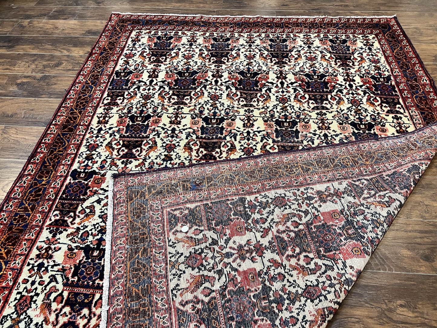 Persian Afshar Rug 6x8, Wool Hand Knotted Semi Antique Vintage Carpet, Floral Allover, Repeated Birds Flowers Vases Motifs - Nuvé