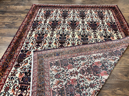 Persian Afshar Rug 6x8, Wool Hand Knotted Semi Antique Vintage Carpet, Floral Allover, Repeated Birds Flowers Vases Motifs - Nuvé