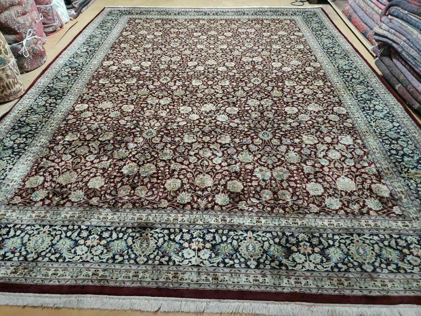 Persian Rug 9x12, Floral Allover, Very Fine, Handmade, Room Sized Oriental Carpet, Sino Persian, Maroon and Navy Blue - Nuvé
