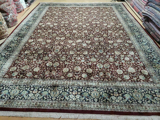 Persian Rug 9x12, Floral Allover, Very Fine, Handmade, Room Sized Oriental Carpet, Sino Persian, Maroon and Navy Blue - Nuvé