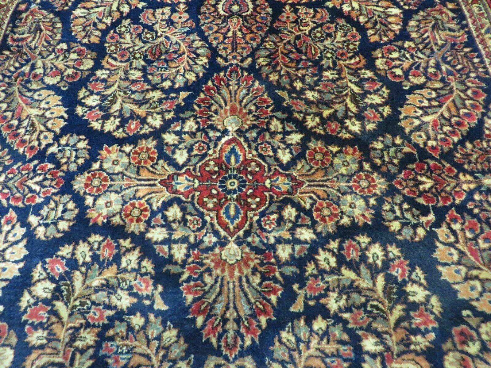 Antique Persian Sarouk Rug 4x6, Hand Knotted 1920s Oriental Carpet 4 x 6 ft, Navy Blue and Red Wool Rug, Handmade Floral Allover Persian Area Rug - Nuvé