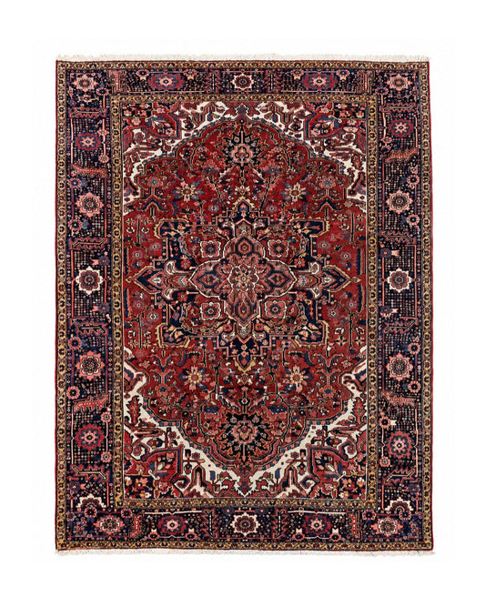 Persian Heriz Rug 8x12, Vintage Geometric Medallion Carpet, Semi Antique Wool Handmade Room Sized Oriental Rug 8 x 12, Red Dark Blue Ivory