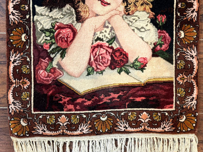 Small Persian Tabriz Pictorial Rug of Young Girl, Very Fine 380 KPSI, Portrait of Young Lady with Roses, Handmade, Persian Rug for Wall Hanging - Nuvé