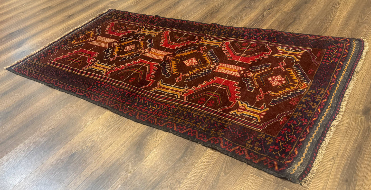 Afghan Rug 3x7, Maroon and Navy Blue, Balouch Carpet, Tribal Rug, New - Nuvé