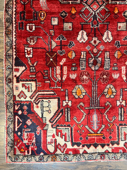 Antique Persian Tribal Rug 4 x 8, Geometric Medallion, Boho Rug, Wool Handmade Rug, Red 4x8 Rug, Persian Hamadan Rug