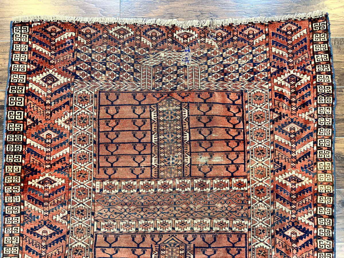 Antique Turkoman Rug 4x4, Hatchli Square Carpet, Wool Handmade Four Season Yamud Design Rug, Red Bohemian Tribal Rug, Engsi Tekkeh Rug