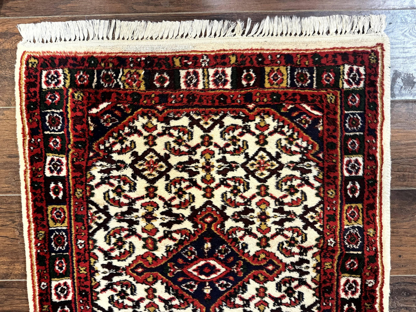 Indo Persian Bidjar Runner Rug 2.8 x 10, Vintage Rug for Hallway, 10ft Runner, Wool Handmade Ivory and Red, Medallions - Nuvé