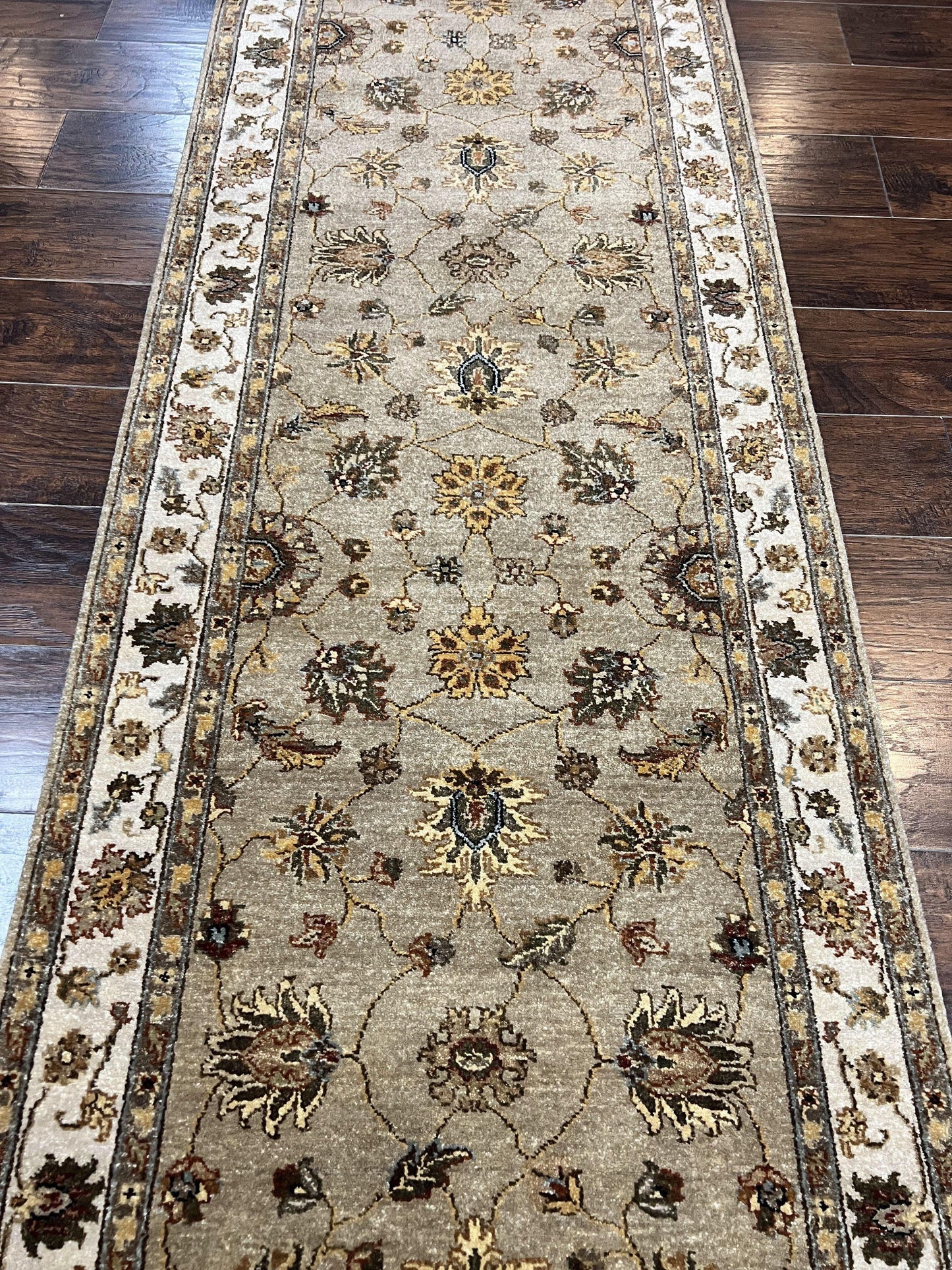 Peshawar Runner Rug 3 x 20, Wool Hand Knotted Vintage Pakistani Carpet, Olive Green & Ivory, Extra Long 20ft Hallway Runner, Floral - Nuvé