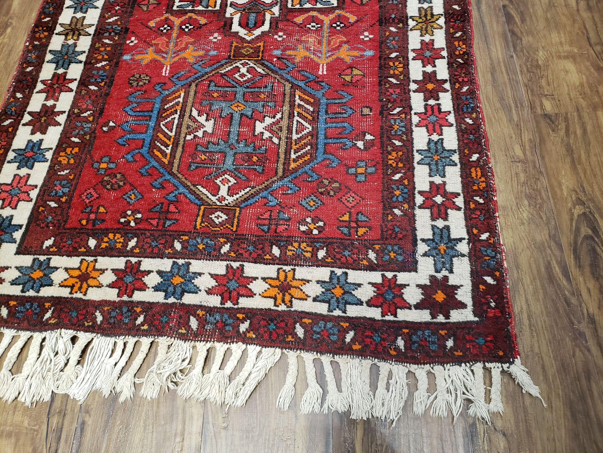 Antique Persian Heriz Karajeh Runner Rug, Red, Hand-Knotted, Wool, 3' 3" x 10' 11" - Nuvé
