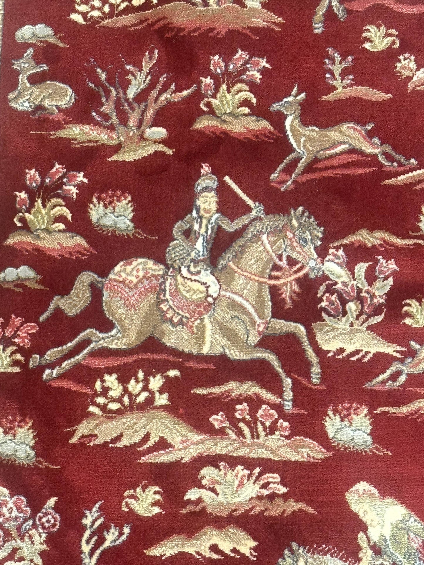 Turkish Silk Rug 2.6 x 6.7, Hunting Design, Short Runner Rug, Red & Ivory, Bamboo Silk, New - Nuvé
