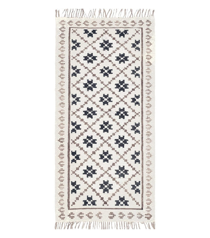 Semi Antique South American Blanket 4x8, Wool Hand-Woven Flatweave Kilim Rug, Handmade Antique Vintage Runner, Ivory & Blue, Diamond Panel