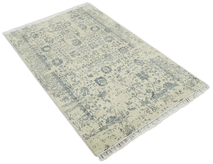 4x6 Fine Hand Knotted Beige and Gray Traditional Vintage Persian Style Antique Wool and Silk Rug | AGR14 - Nuvé
