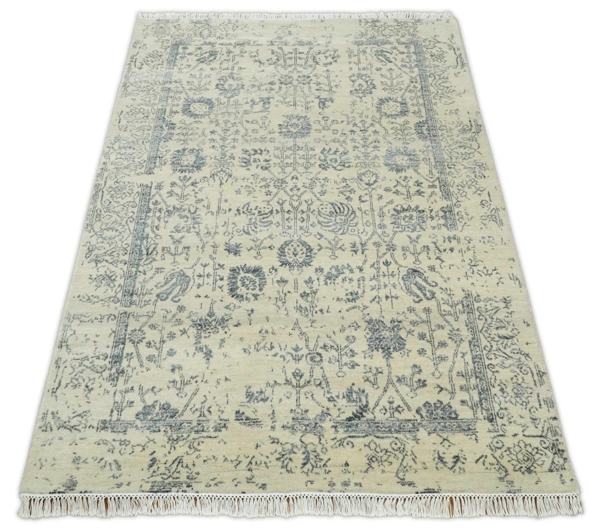 4x6 Fine Hand Knotted Beige and Gray Traditional Vintage Persian Style Antique Wool and Silk Rug | AGR14 - Nuvé